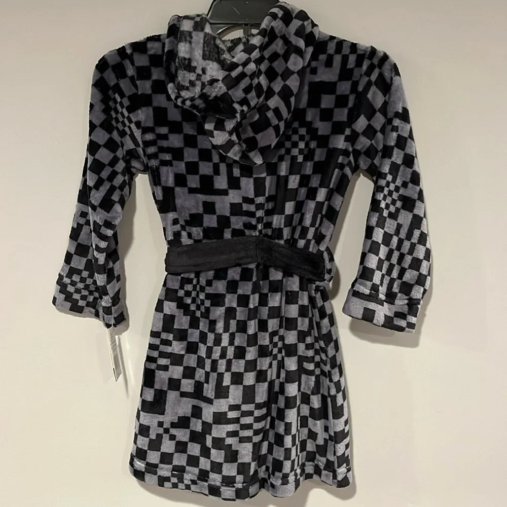 🆕 Cuddl Duds Boys Hooded Robe Black Gray Checkered S(4-6) Belted Cozy Winter
